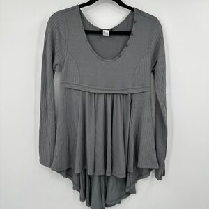 Venus Gray Ribbed Long Sleeve High Low Babydoll Tunic Top S
